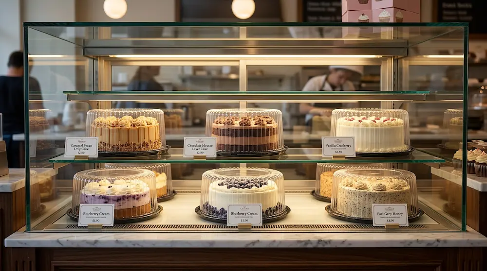 9 inch round plastic cake containers with high dome lids displayed in a bakery showcase