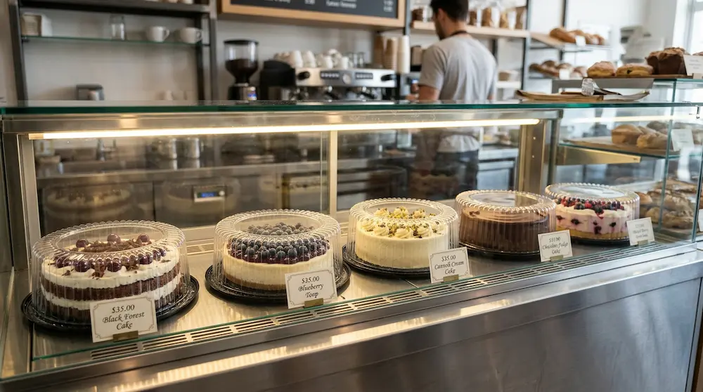 9 inch round plastic cake container with low dome lid displayed in a bakery showcase for whole cakes