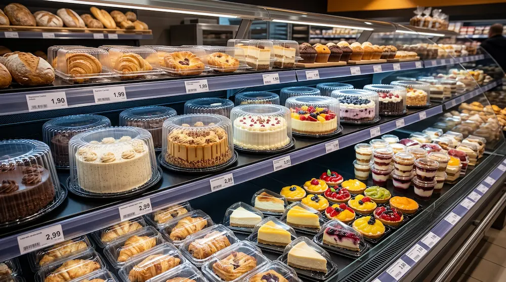 9 inch round plastic cake containers displayed in a supermarket bakery section