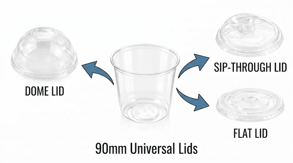 90mm 10oz 300ml clear PET/RPET cold cup with dome lid, sip-through lid, and flat lid options