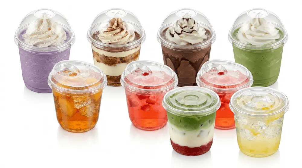 90mm 10oz 300ml clear PET/RPET cold cups with dome, sip-through, and flat lids for desserts and refreshers