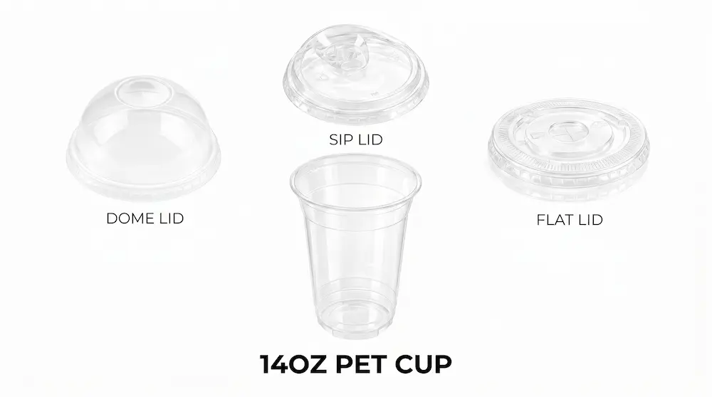 90mm 14oz 400ml clear PET/RPET cold cup with dome lid, sip lid, and flat lid options