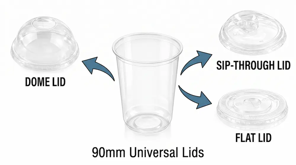 90mm 14oz 430ml clear PET/RPET cold cup with dome lid, sip-through lid, and flat lid options