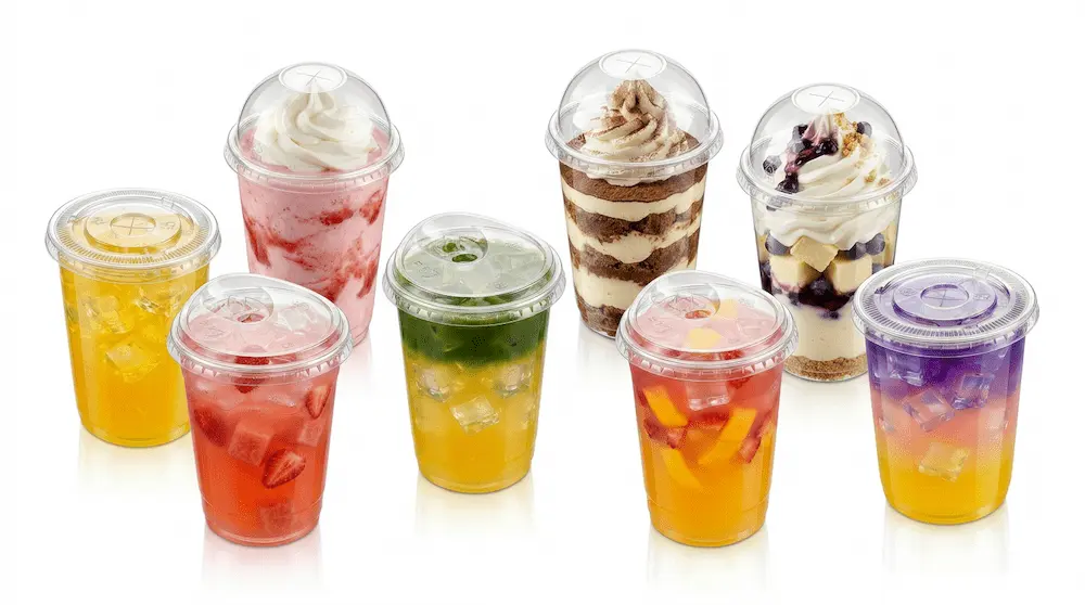 90mm 14oz 430ml clear PET/RPET cold cups with dome, sip-through, and flat lids for drinks and desserts