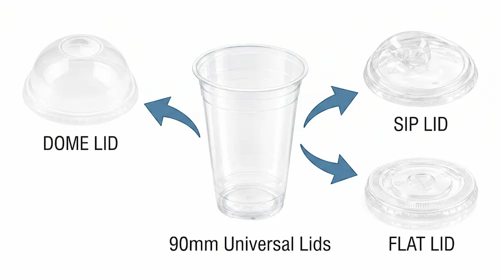 90mm 16oz 470ml clear PET/RPET cold cup with universal dome lid, sip lid, and flat lid options