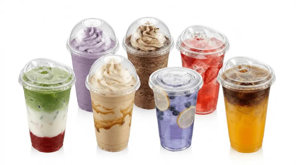 90mm 16oz 470ml clear PET/RPET cold cups with dome, sip, and flat lids for assorted cold drinks