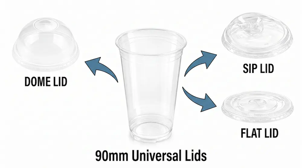 90mm 20oz 600ml clear PET/RPET cold cup with universal dome lid, sip lid, and flat lid options