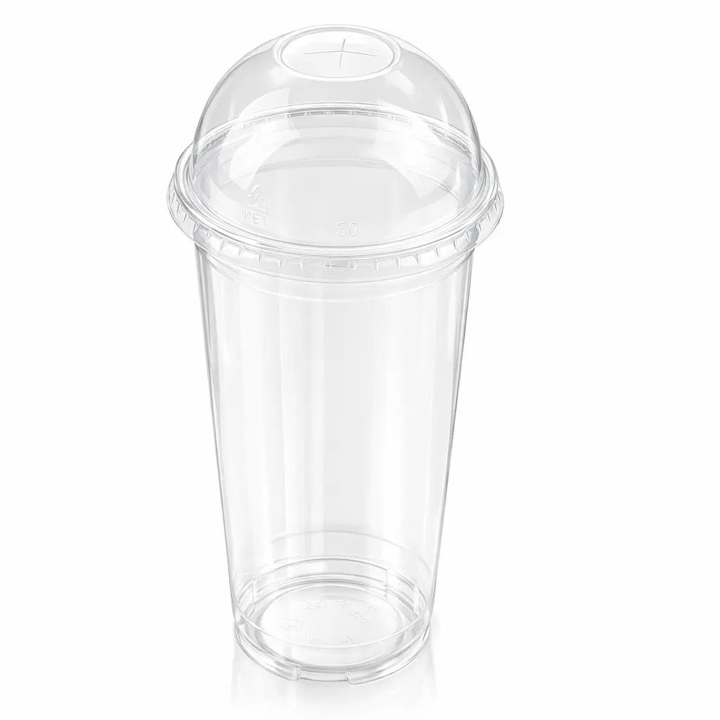 90mm-clear-pet-rpet-dome-lid-on-cold-cup 90mm clear PET/RPET dome lid fitted on clear cold cup for smoothie and iced drink packaging
