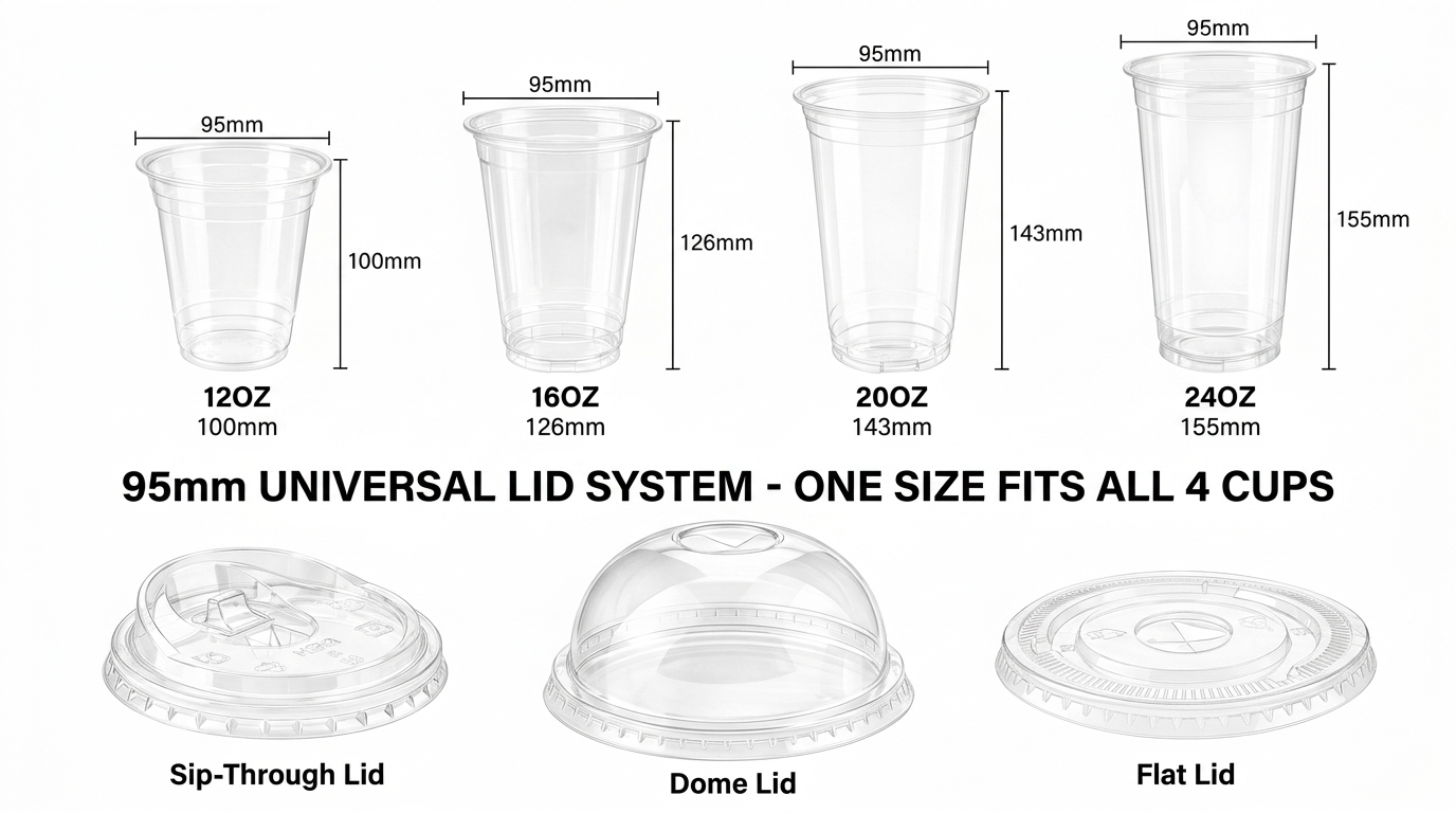 95mm universal lid system for 12oz 16oz 20oz 24oz PET/RPET clear cold cups
