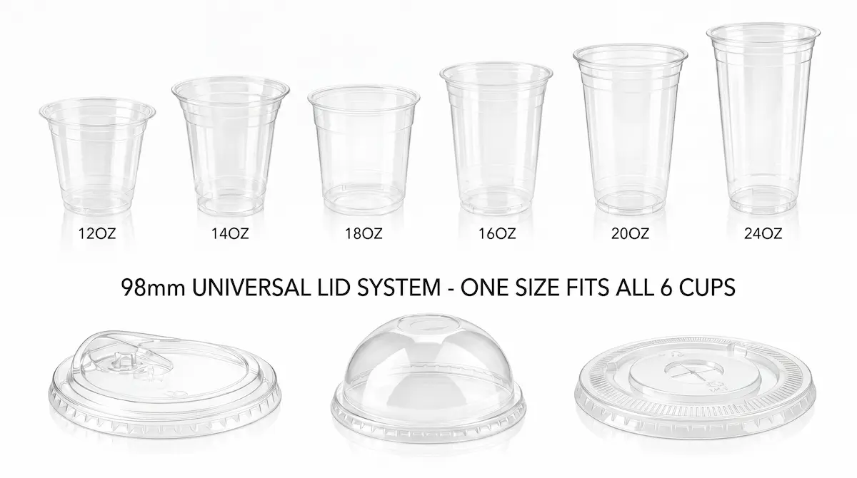 12 oz PET/RPET clear cold cup with dome lid, flat lid, and straw opening lid applications