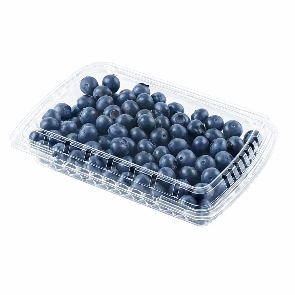 Advanced 7oz Vented Hinged Produce Clamshell filled with fresh blueberries in clear PET packaging