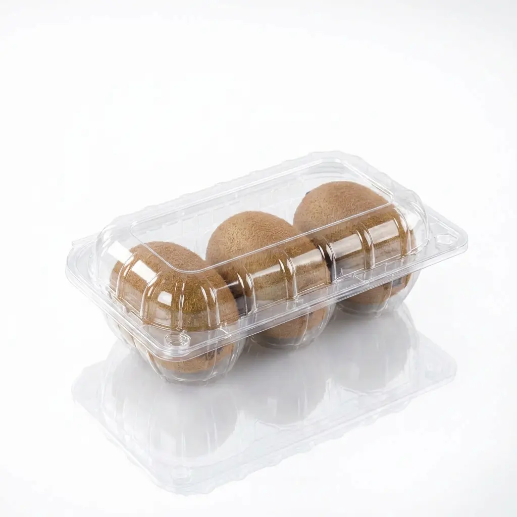 Angled View Clear PET Hinged Kiwi Fruit Container for Three Kiwis