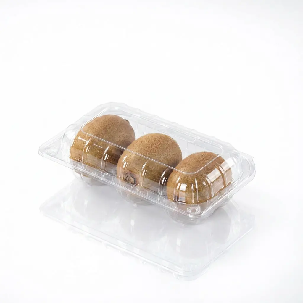 Clear PET Hinged Kiwi Fruit Container for Three-Kiwi Retail Display