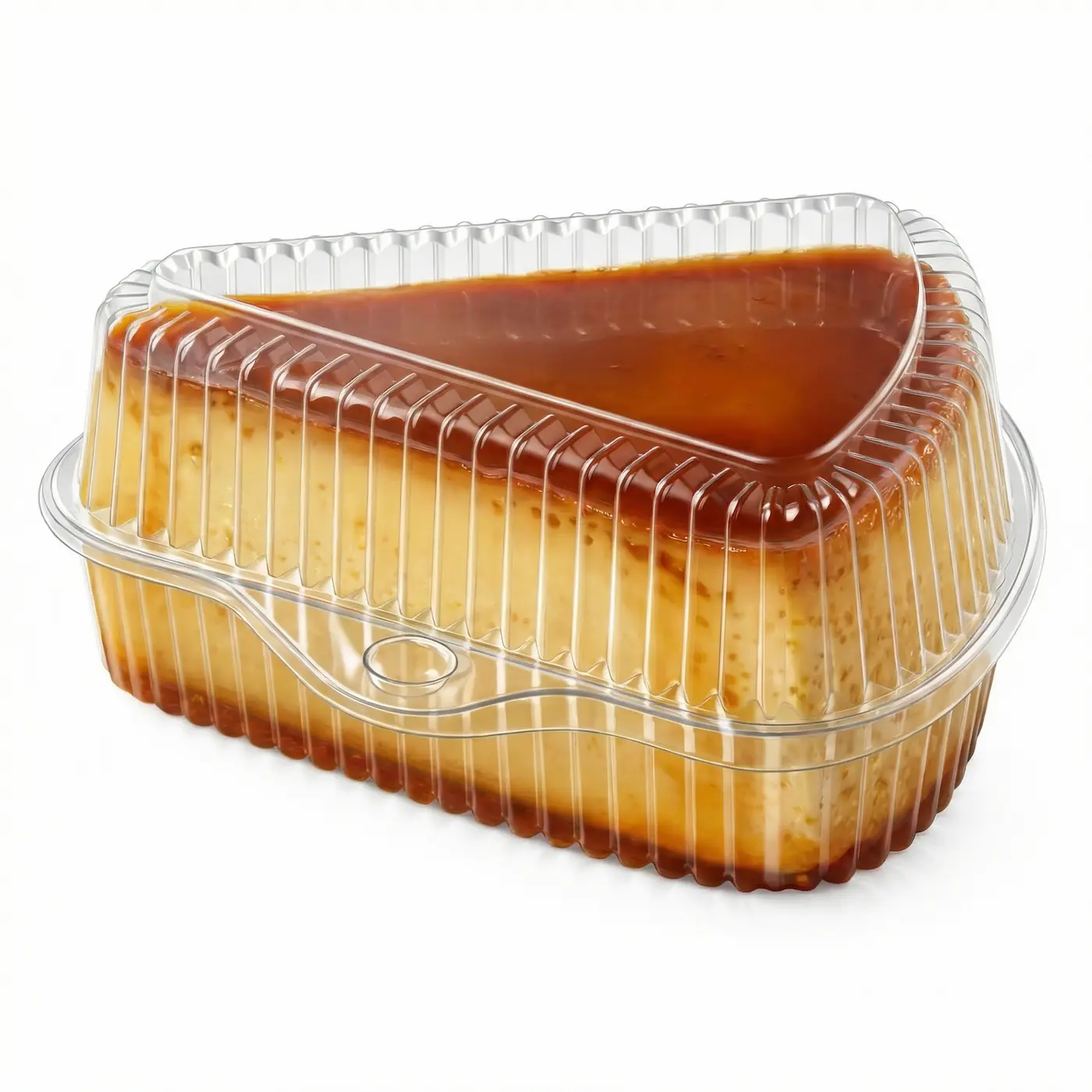 Clear PET Triangle Cake Slice Container with High Dome Hinged Lid for Caramel Pudding Cake Slice