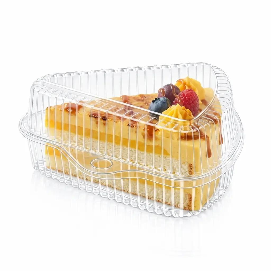 Clear PET Triangle Cake Slice Container with High Dome Hinged Lid for Mango Crème Brûlée Cake Slice