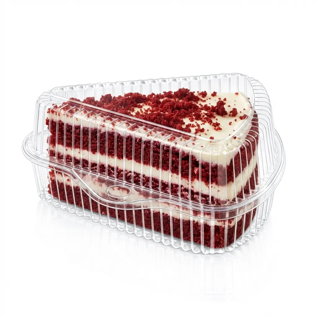 Clear PET Triangle Cake Slice Container with High Dome Hinged Lid for Red Velvet Cake Slice