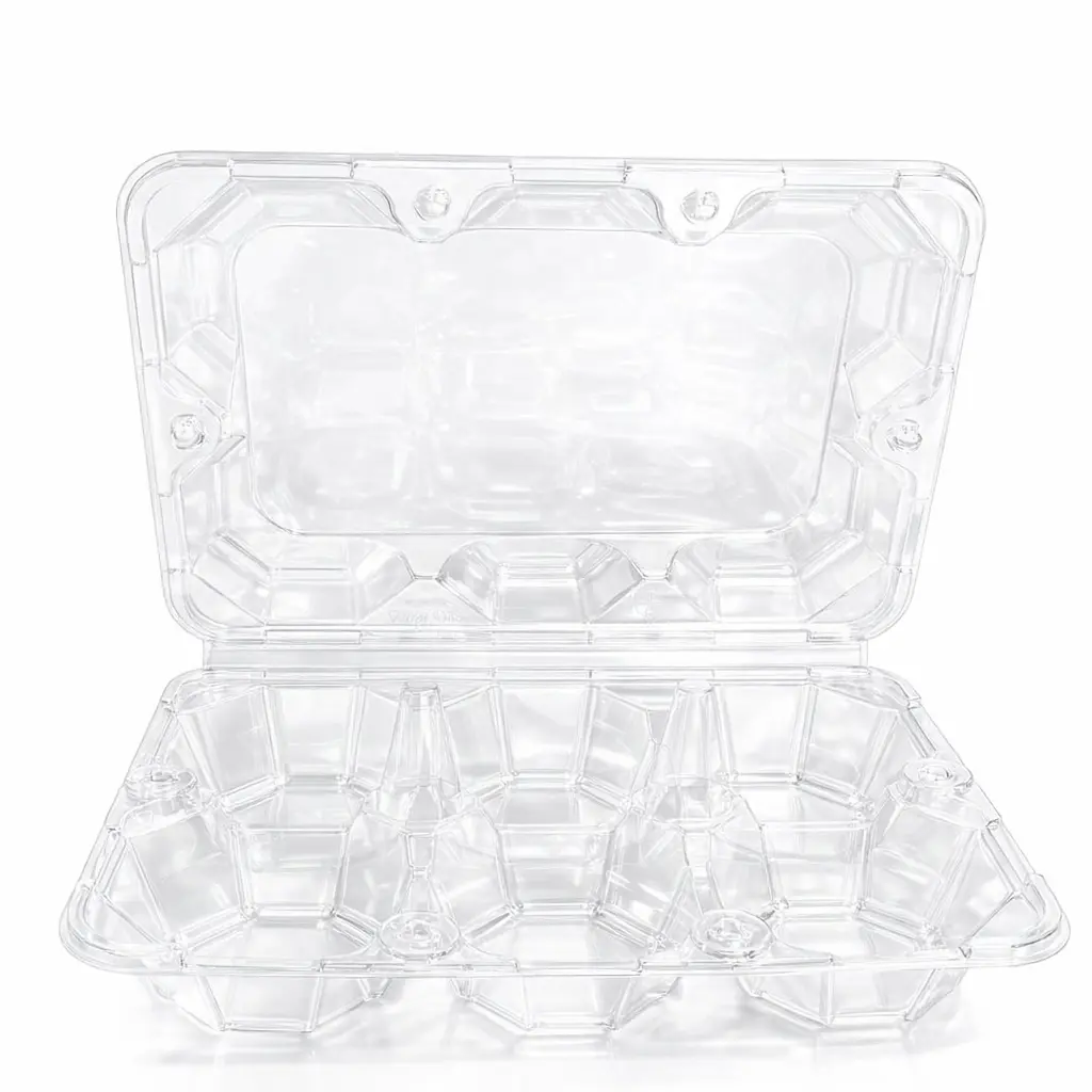Front Open Structure Display of Six-Cell Clear PET Hinged Fruit Clamshell