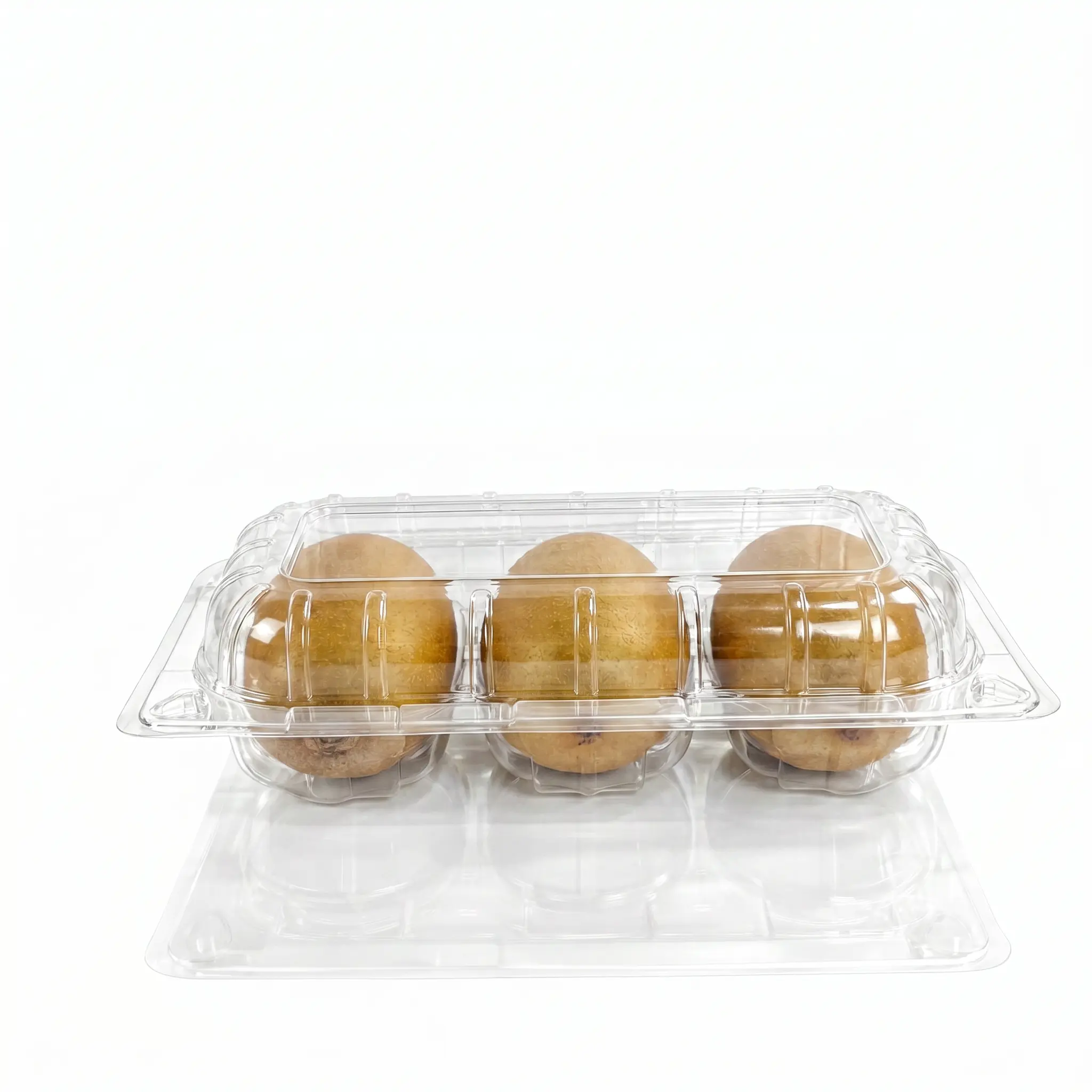 Front View Clear PET Kiwi Fruit Container for Three-Kiwi Retail Packs