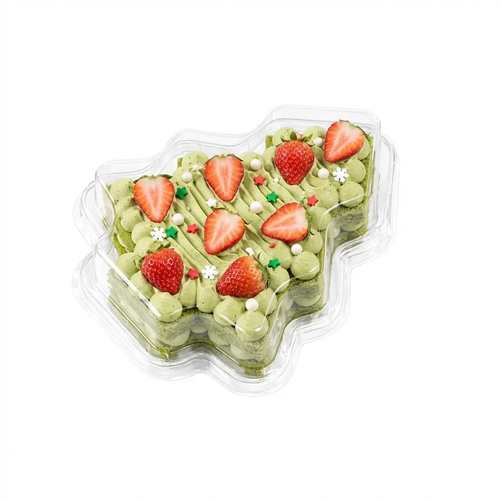 Matcha Strawberry Cake in Clear Christmas Tree Dessert Box