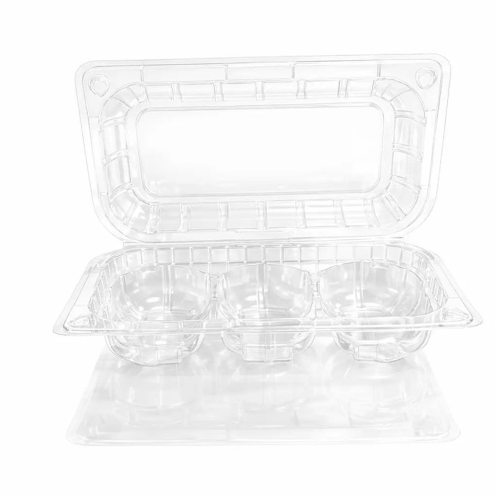Open Clear PET Hinged Kiwi Fruit Container with Three Compartments