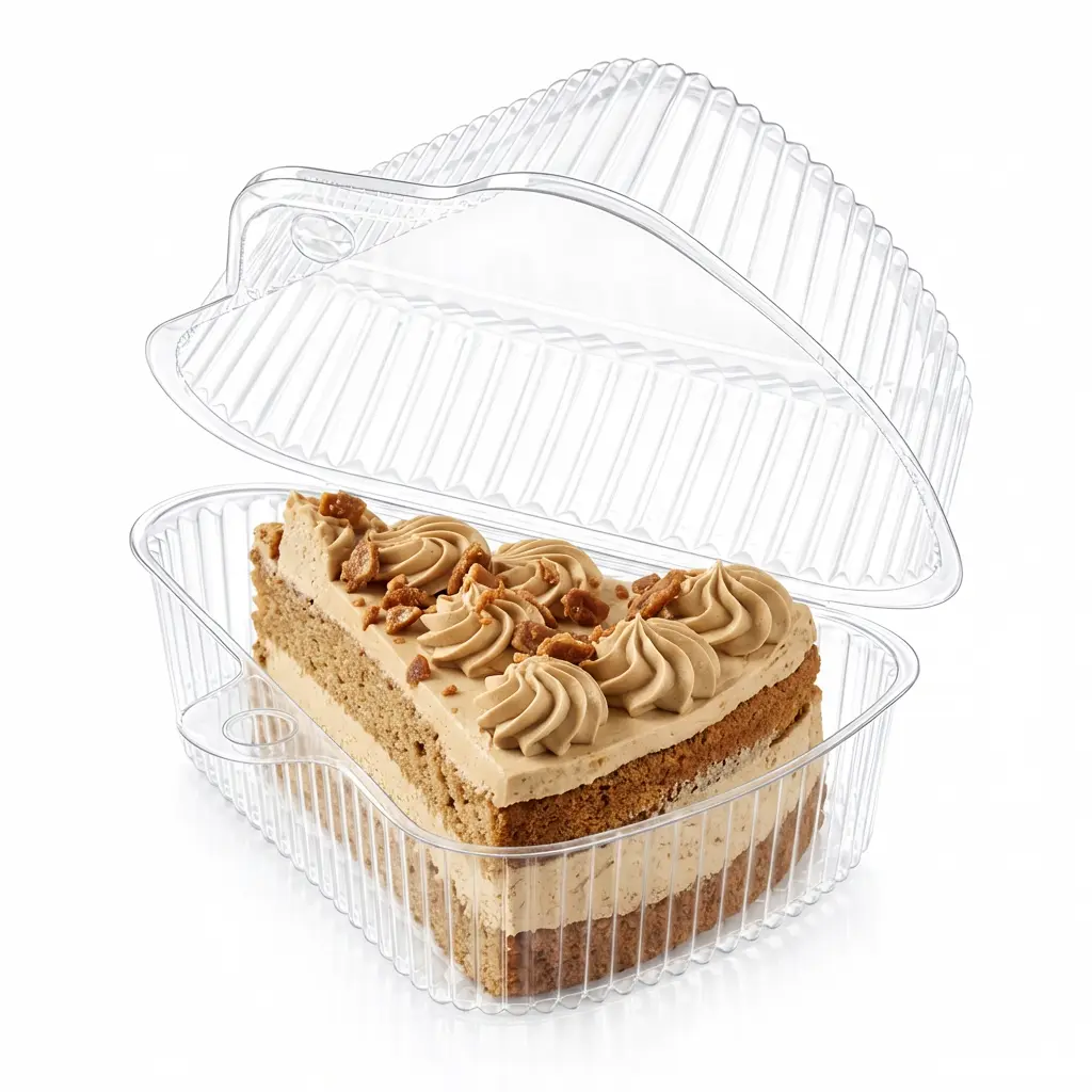 Open Clear PET Triangle Cake Slice Container with High Dome Hinged Lid for Coffee Cake Slice