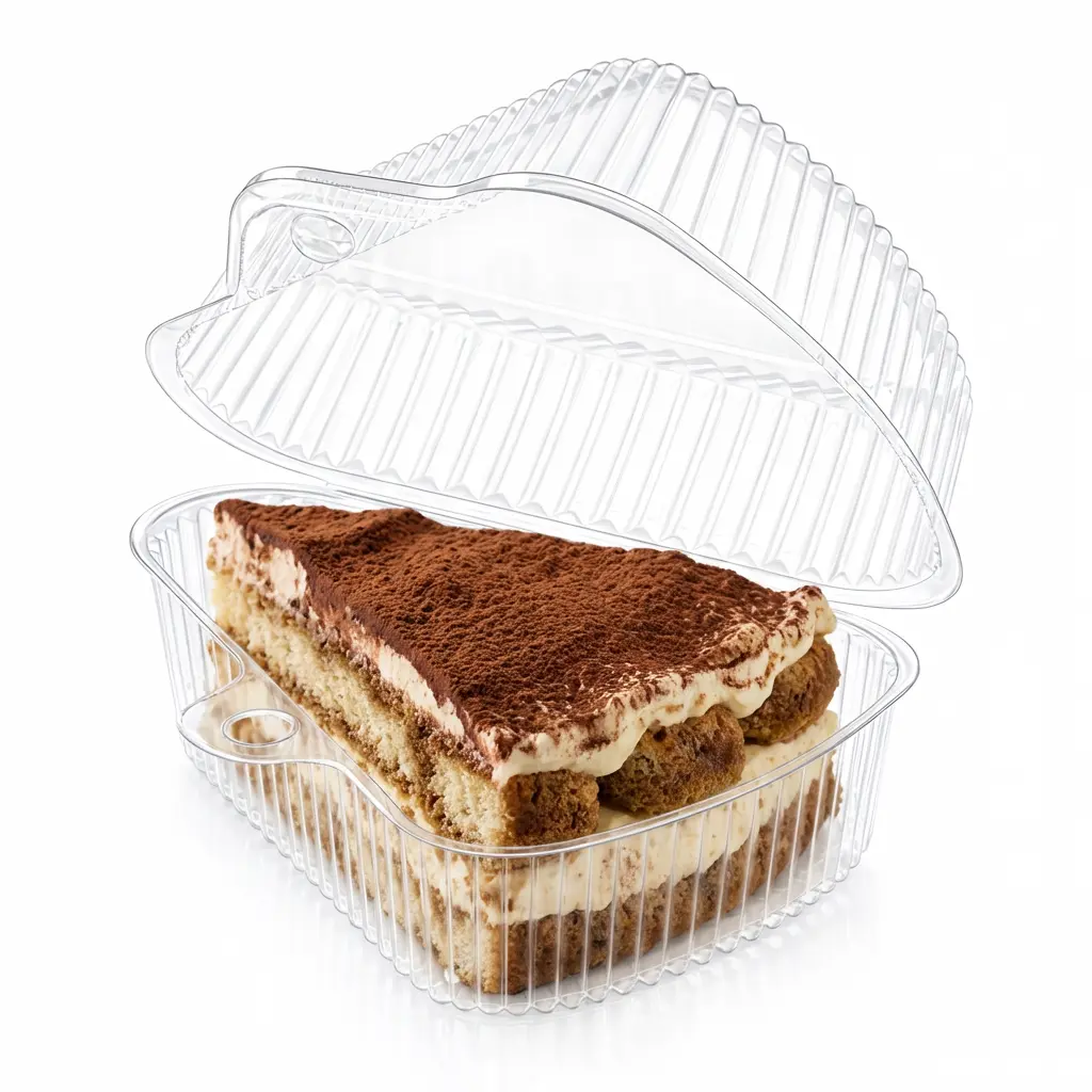 Open Clear PET Triangle Cake Slice Container with High Dome Hinged Lid for Tiramisu Cake Slice