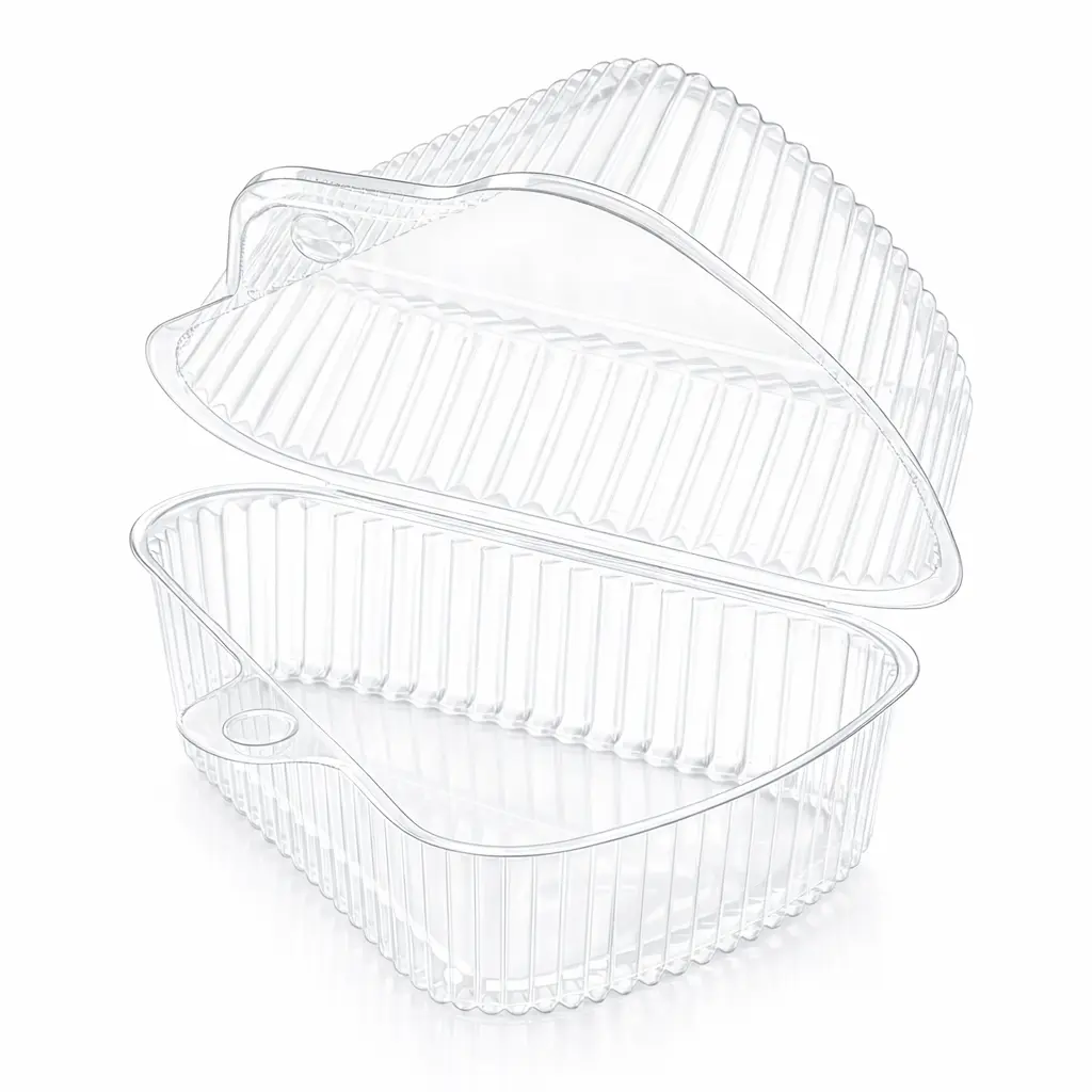 Open Empty Clear PET Triangle Cake Slice Container with High Dome Hinged Lid