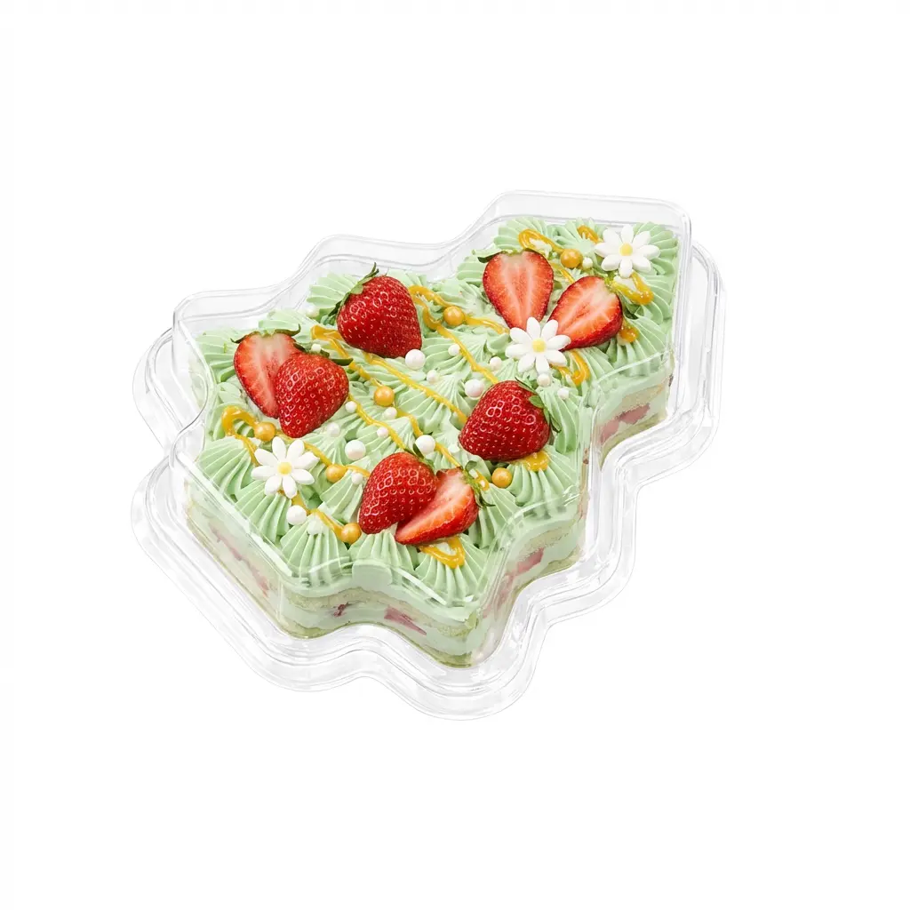 Strawberry Cream Cake in Clear Christmas Tree Sweet Container