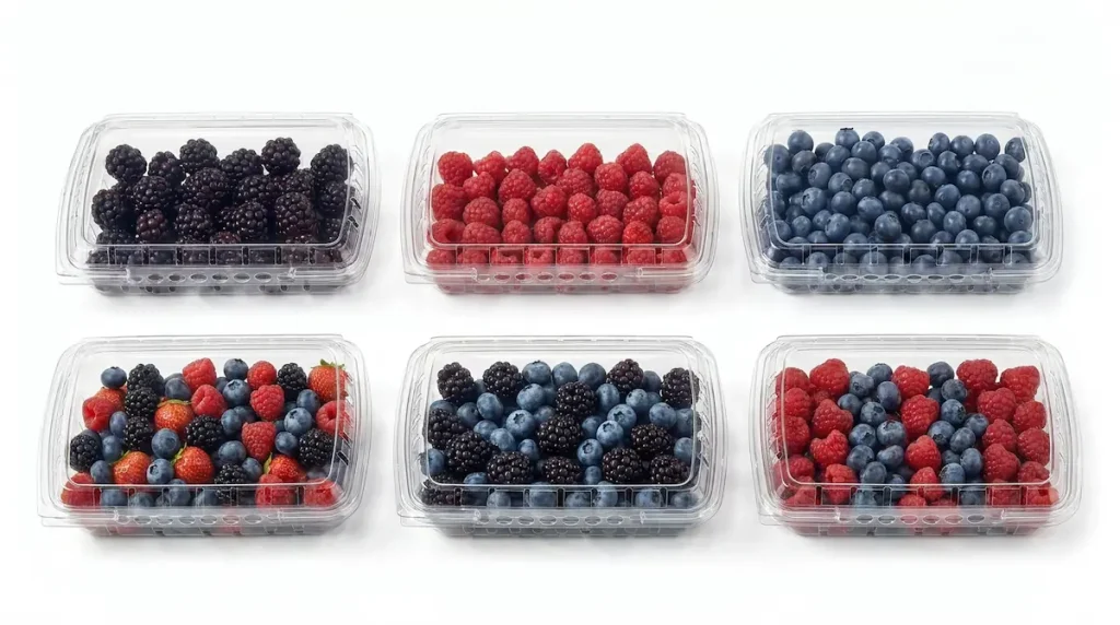 Advanced 7oz Vented Hinged Produce Clamshell assortment with blackberries, raspberries, blueberries, and mixed berries