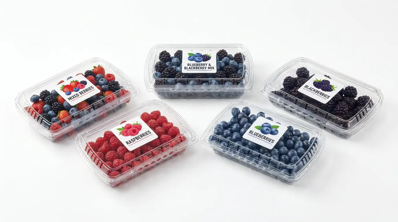 Advanced 7oz Vented Hinged Produce Clamshell with berry labels for mixed berries, raspberries, blueberries, blackberries, and blueberry blackberry mix