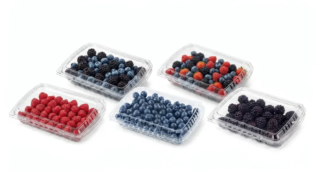 Advanced 7oz Vented Hinged Produce Clamshell group display with berry varieties in clear PET vented packaging