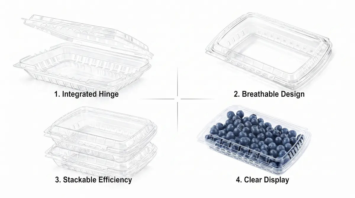 Advanced 7oz Vented Hinged Produce Clamshell functional benefits with integrated hinge, breathable design, stackability, and clear display