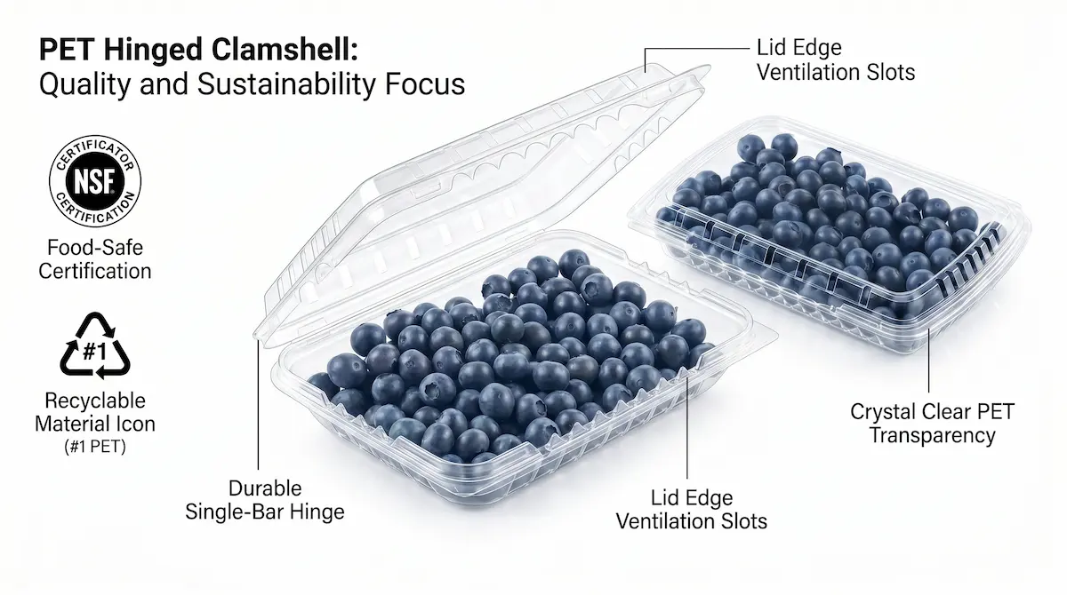 Advanced 7oz Vented Hinged Produce Clamshell quality and sustainability feature diagram with PET transparency, hinge, and ventilation slots