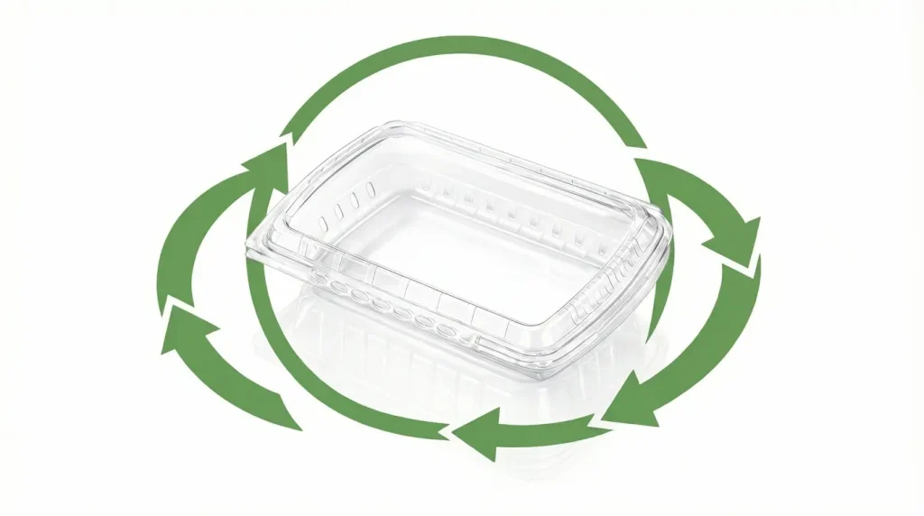 Advanced 7oz Vented Hinged Produce Clamshell with green recycling arrows for recyclable PET produce packaging