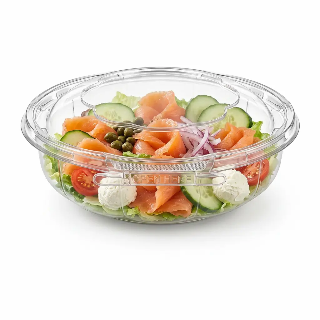 anti-fog-dome-lid-clear-pet-round-bowl-smoked-salmon-salad Anti-fog dome lid clear PET round bowl for smoked salmon deli salad packaging