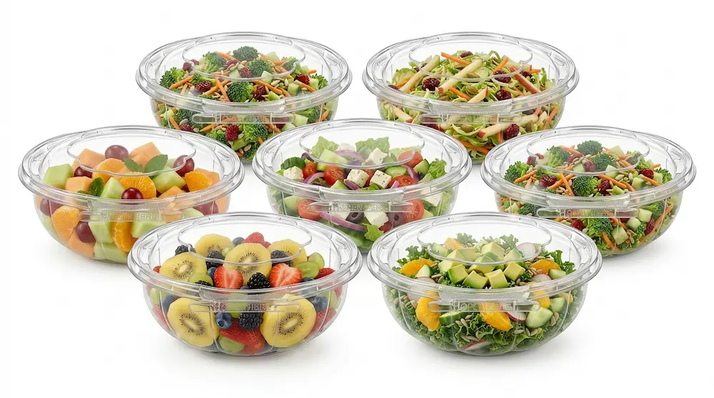 assorted 24 oz tamper evident PET bowls with anti-fog dome lids for fruit salad and ready meals