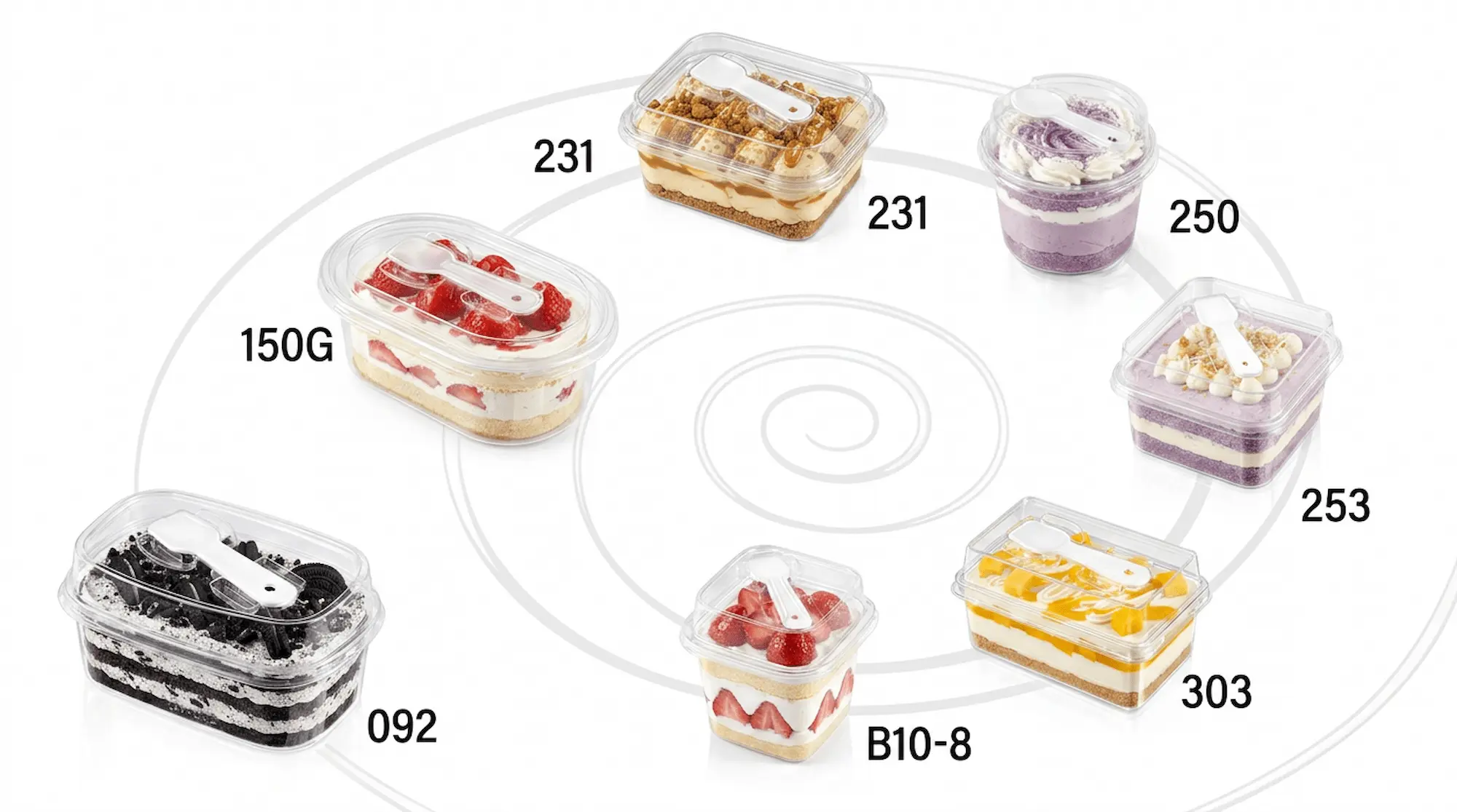 Assorted clear PET dessert containers with spoon lids in multiple shapes and capacities