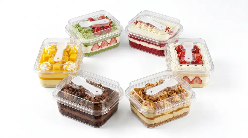 Assorted clear rectangular PET cake boxes with spoon lids for premium bakery display