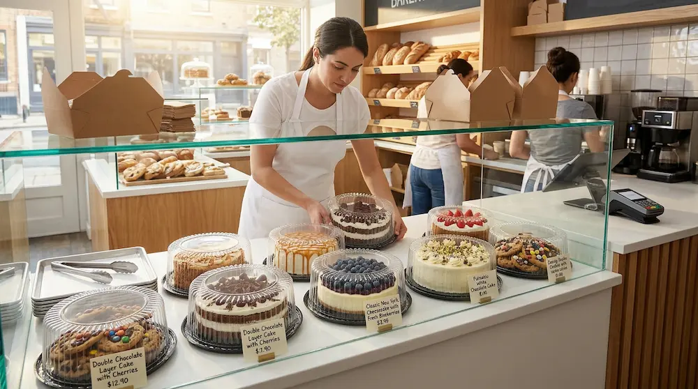Bakery staff arranging cakes in clear 9 inch round plastic cake containers with low dome lids