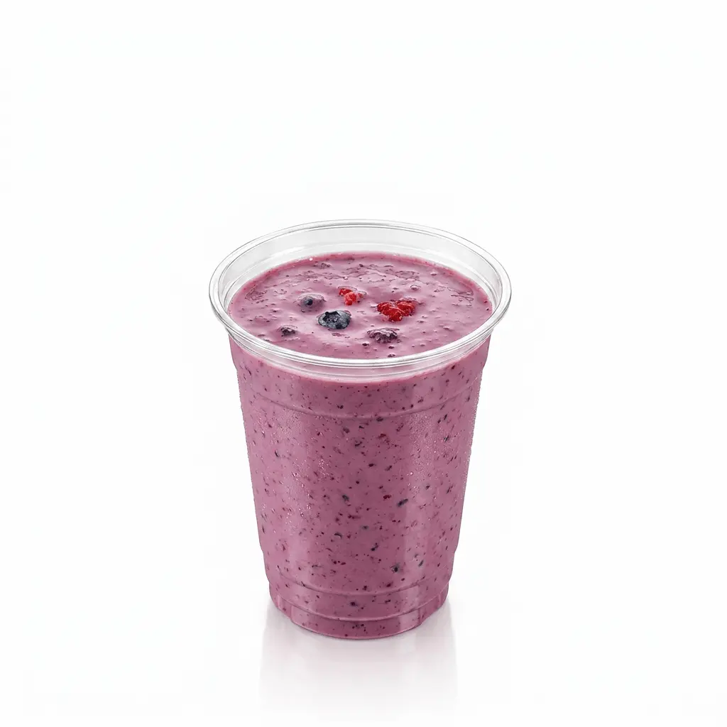 berry-protein-smoothie-12oz-clear-pet-cup Berry protein smoothie in 12oz clear PET cup for grab-and-go drinks