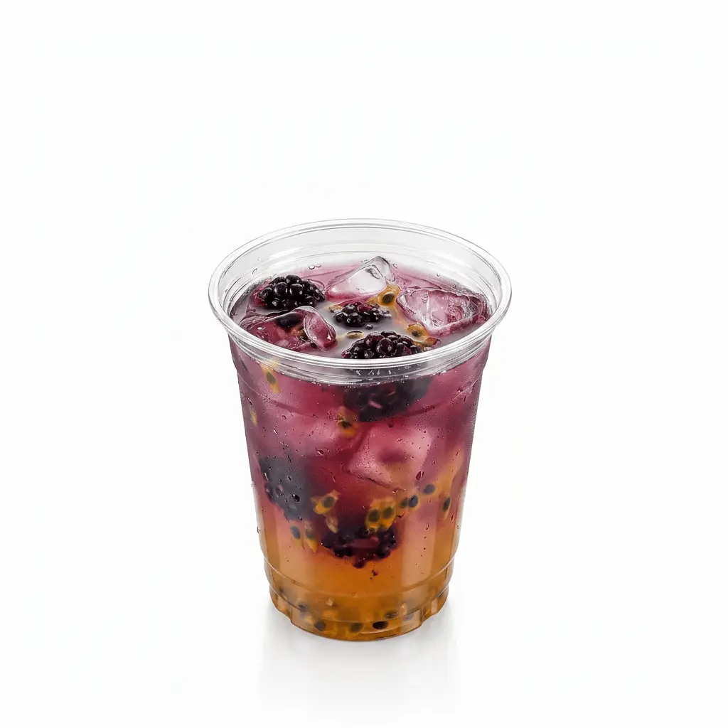 blackberry-passionfruit-refresher-12oz-pet-cup Blackberry passionfruit refresher in clear 12oz PET cup with ice and fruit