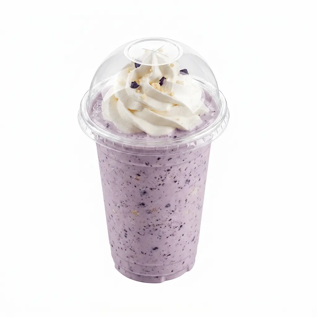 blueberry-cheesecake-frappe-clear-pet-cup-dome-lid Blueberry cheesecake frappe in clear PET cup with dome lid and whipped cream