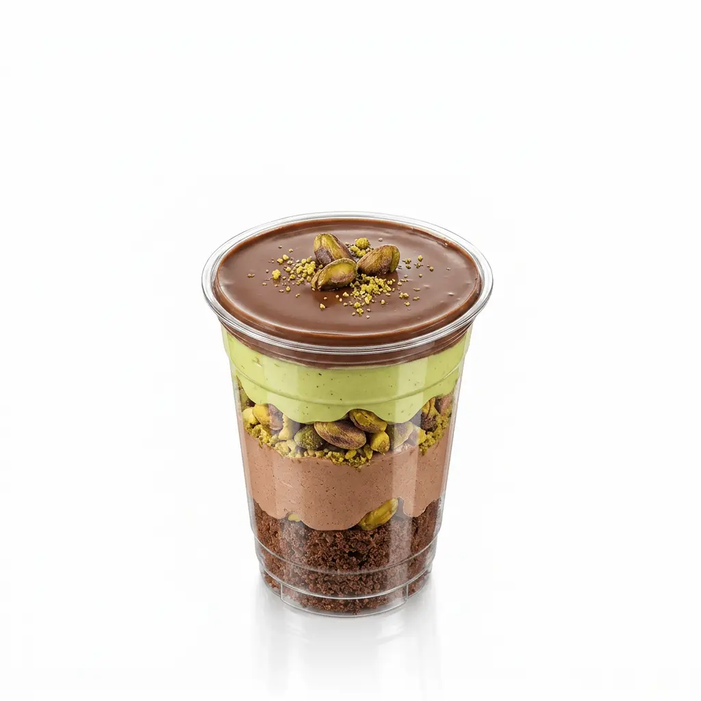 chocolate-pistachio-crunch-cake-12oz-pet-cup Chocolate pistachio crunch cake dessert in clear 12oz PET cup
