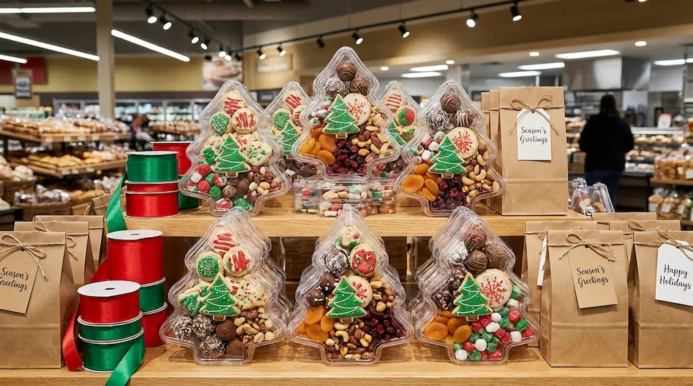 Christmas tree shaped clear PET candy boxes for premium supermarket holiday gift display