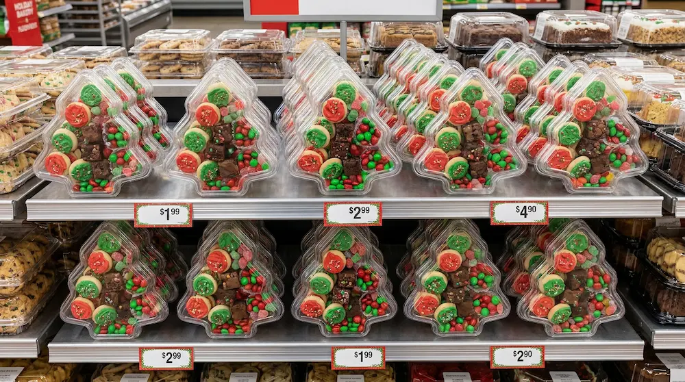 Christmas tree shaped clear PET candy boxes on American supermarket holiday dessert shelves