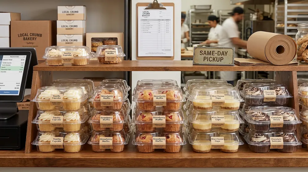 Clear 2-count cupcake containers prepared for same-day bakery pickup and retail orders