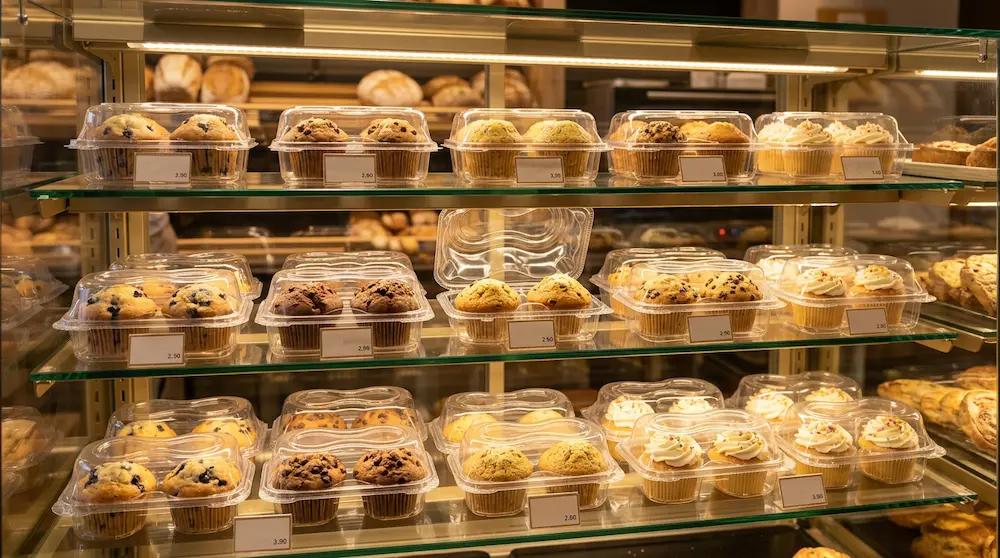 Clear 2-count muffin containers in a bakery display case