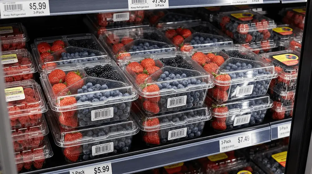 Clear 3 compartment PET clamshell container for strawberries, blueberries, and blackberries in a supermarket berry aisle