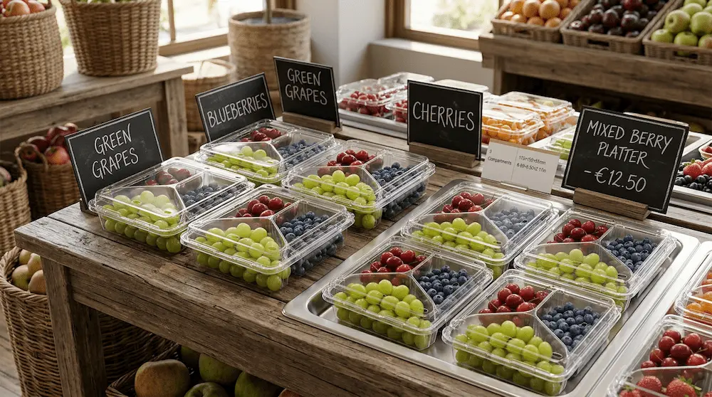 Clear 3 compartment PET clamshell container for mixed grapes, blueberries, and cherries in a market fruit display