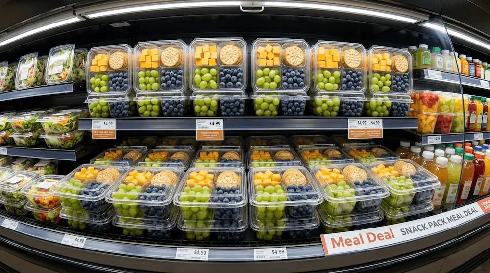 Clear 4 compartment PET clamshell container for fruit, cheese, crackers, and grab-and-go snack packs